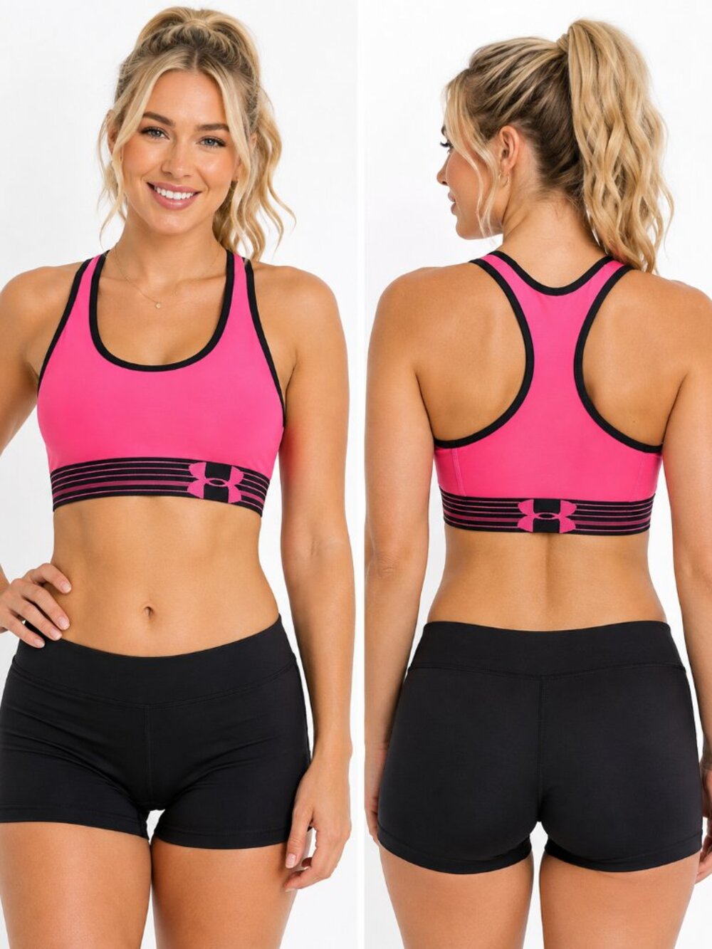 Under Armour HeatGear Active Sports Bra Women’s Pink Black Compression XS Sporty